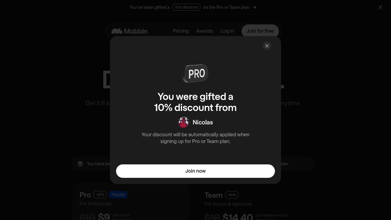 Mobbin referral confirmation showing a 10% discount applied automatically