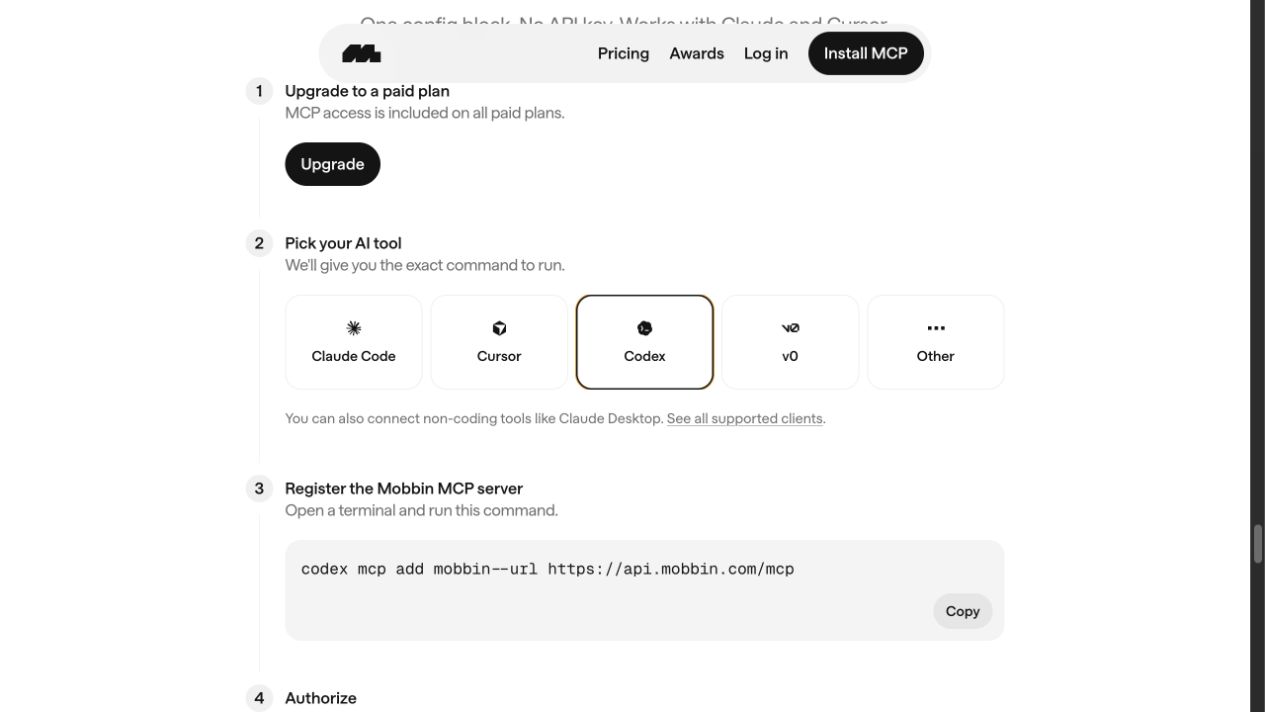 Mobbin MCP setup with Codex selected and the Codex CLI registration command visible