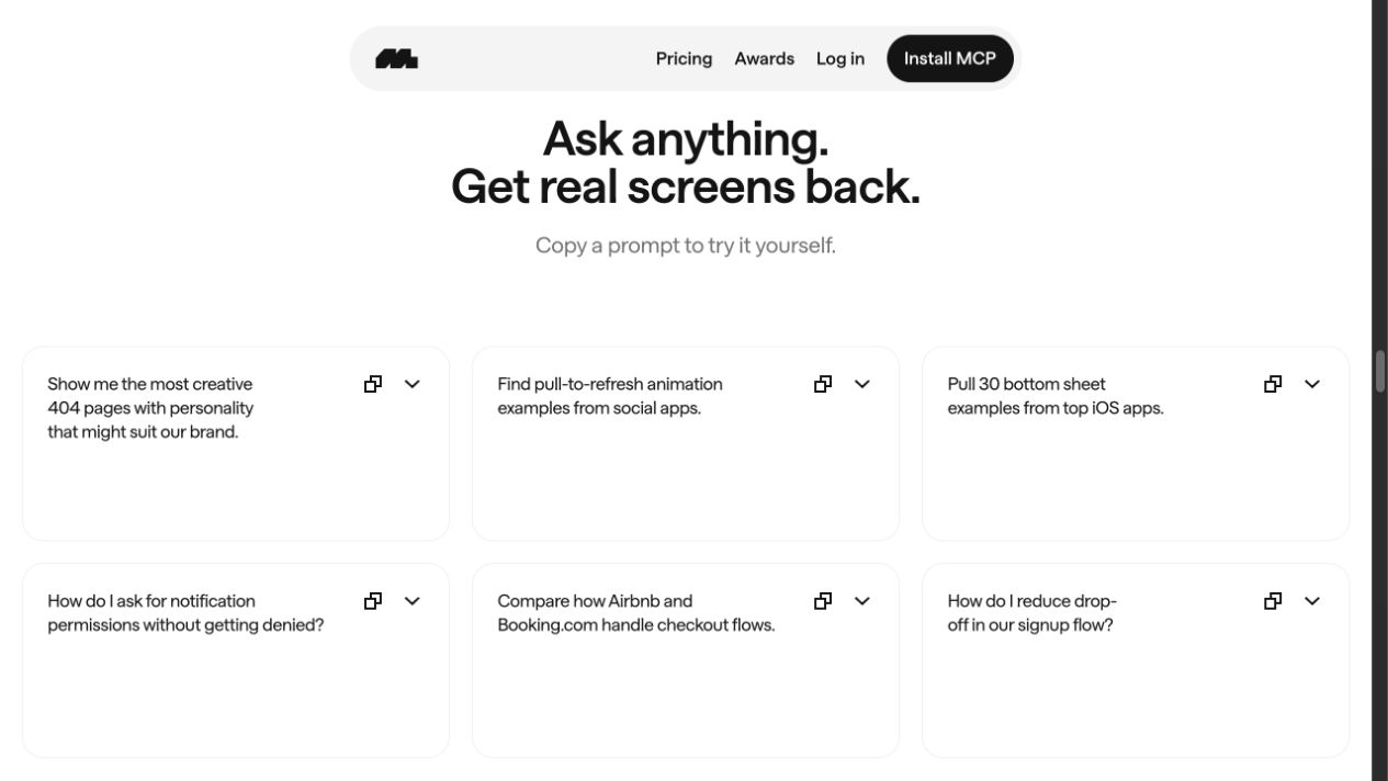 Mobbin MCP prompt examples for 404 pages, pull-to-refresh, bottom sheets, notification permissions, checkout, and signup